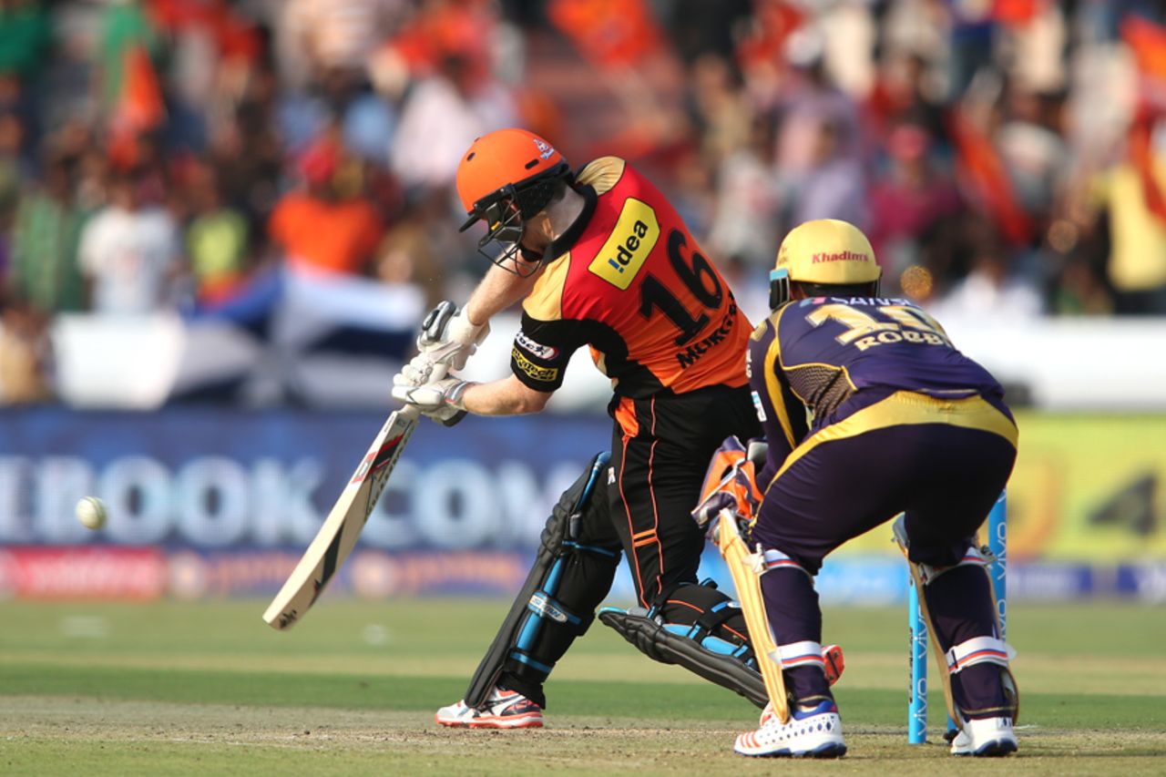 Eoin Morgan plays expansively through the off side, Sunrisers Hyderabad v Kolkata Knight Riders, IPL 2016, Hyderabad, April 16, 2016