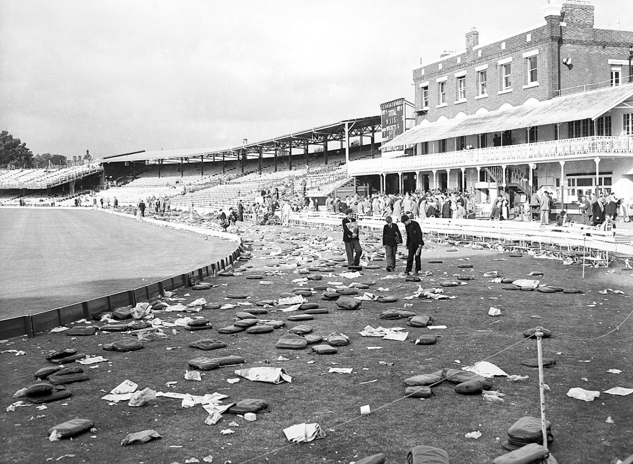 The stands are littered at Lord's, England v Australia, 2nd Test, Lord's, 3rd day, June 23, 1956