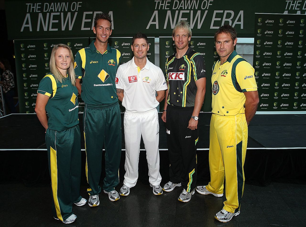 Alyssa Healy, Trent Copeland, Michael Clarke, Cameron White and Ryan Harris at the launch of Australia's new kit, Sydney, October 4, 2011