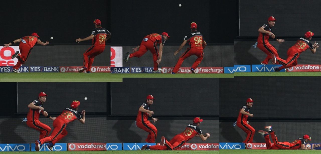 Shane Watson and David Wiese combined to take a brilliant catch to dismiss Shreyas Iyer, Royal Challengers Bangalore v Delhi Daredevils, IPL 2016, Bangalore, April 17, 2016