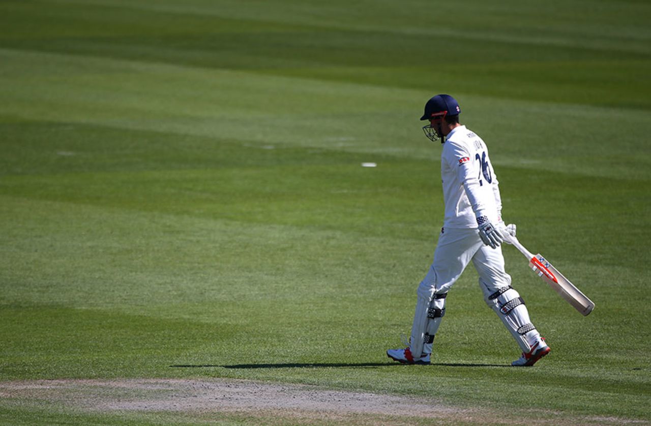 Alastair Cook trudges off after making 1 from five balls in his first innings with his ECB-approved new helmet, Sussex v Essex, Specsavers County Championship, Division Two, Hove, 2nd day, April 18, 2016