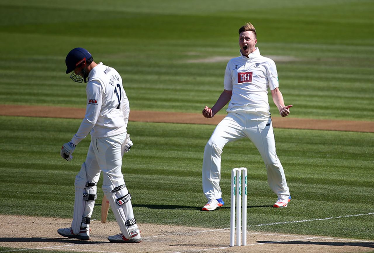 Ollie Robinson celebrates the dismissal of Nick Browne, Sussex v Essex, Specsavers County Championship, Division Two, Hove, 2nd day, April 18, 2016