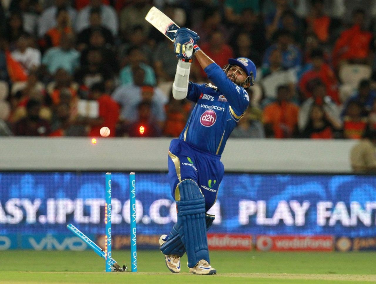 Parthiv Patel's stumps are uprooted after he makes no contact on the slog, Sunrisers Hyderabad v Mumbai Indians, IPL 2016, Hyderabad, April 18, 2016