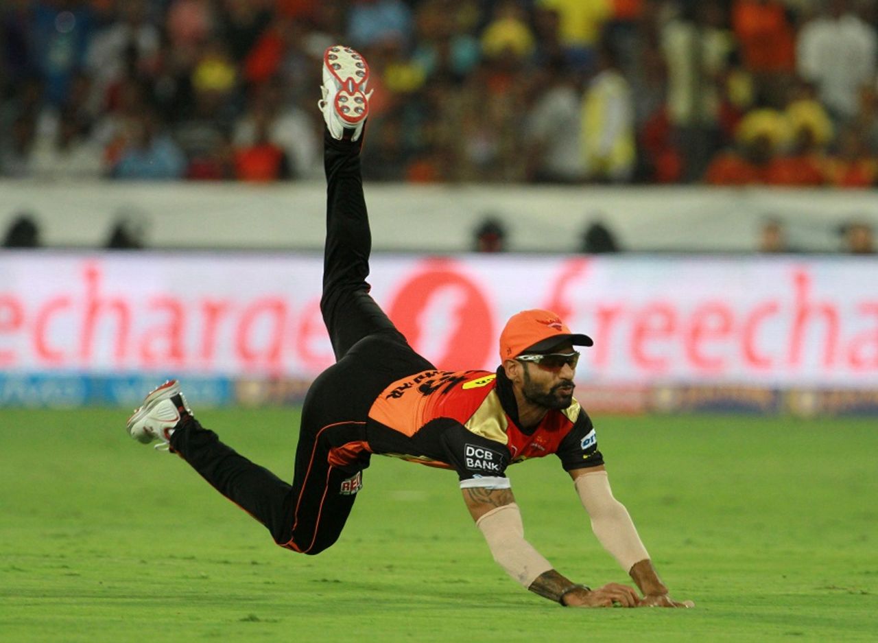 Shikhar Dhawan puts in a valiant dive as he tries to take a catch, Sunrisers Hyderabad v Mumbai Indians, IPL 2016, Hyderabad, April 18, 2016