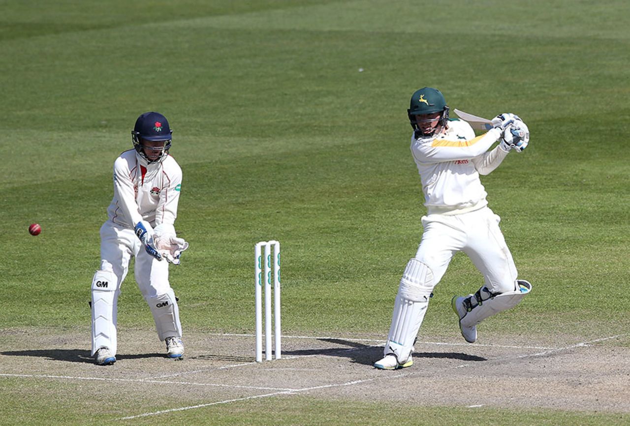 Greg Smith plays through the covers, Lancashire v Nottinghamshire, Specsavers County Championship, Division One, Old Trafford, 3rd day, April 19, 2016