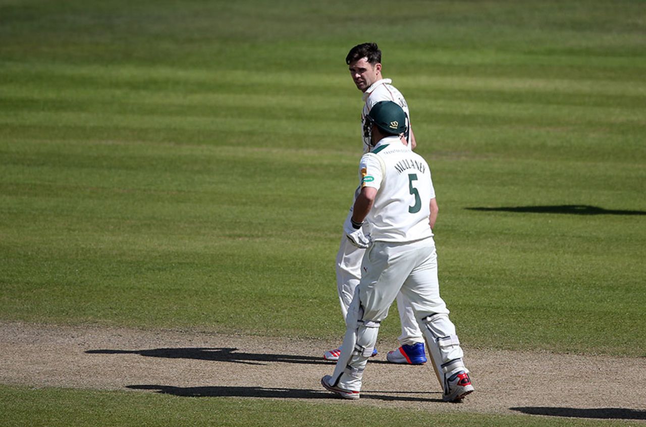 James Anderson dismissed Steven Mullaney for 21 in Nottinghamshire's second innings, Lancashire v Nottinghamshire, Specsavers County Championship, Division One, Old Trafford, 3rd day, April 19, 2016