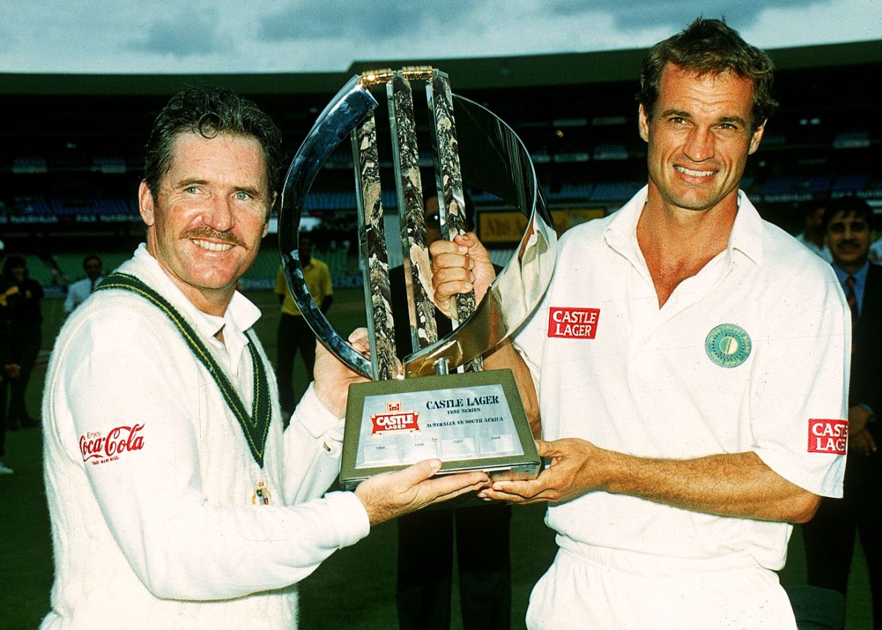 Allan Border and Kepler Wessels with the Test series trophy, South Africa v Australia, 3rd Test, Durban, 5th day, March 29, 1994