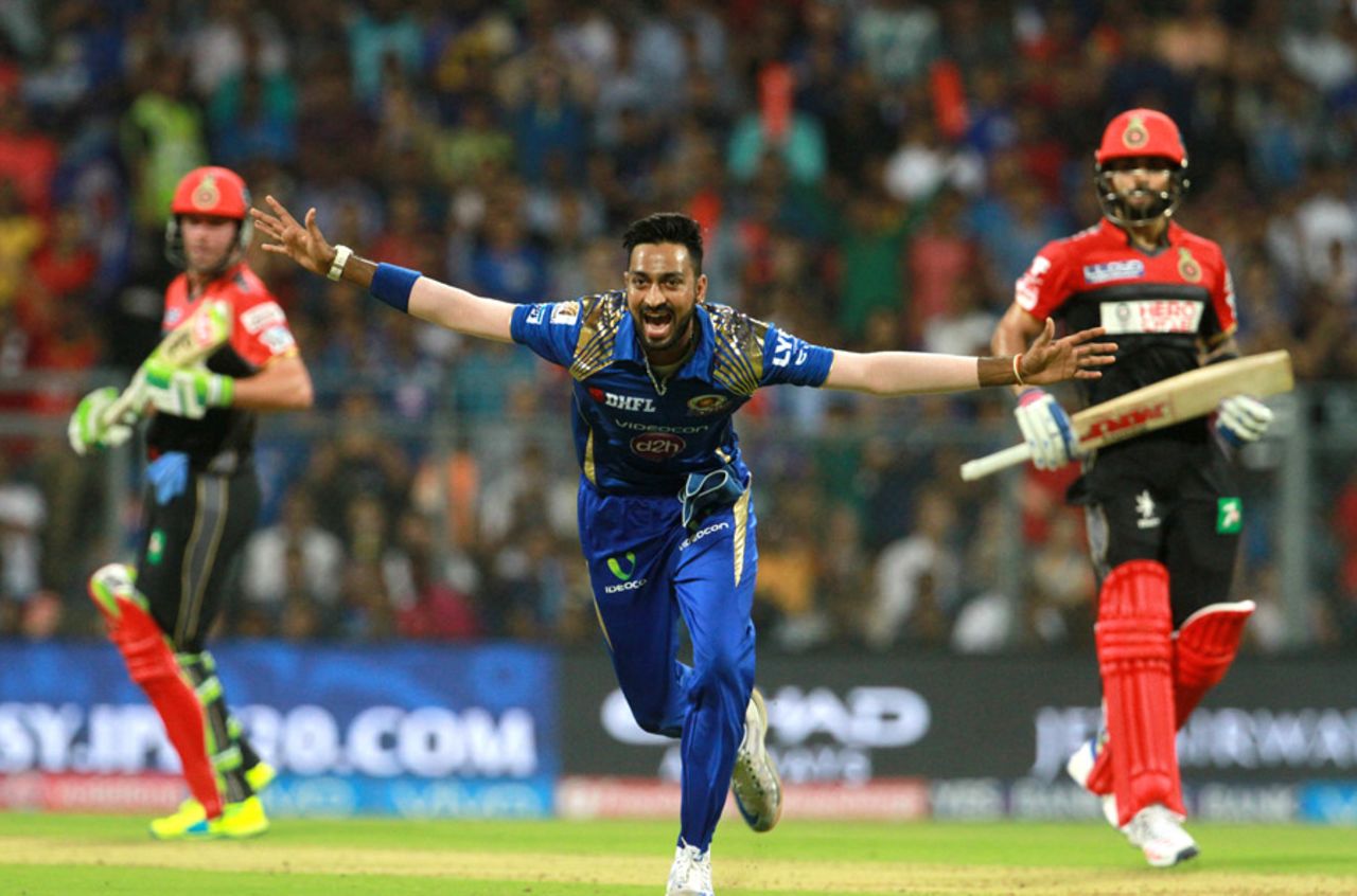 Krunal Pandya starts a celebratory run after dismissing Virat Kohli, Mumbai Indians v Royal Challengers Bangalore, IPL 2016, Mumbai, April 20, 2016