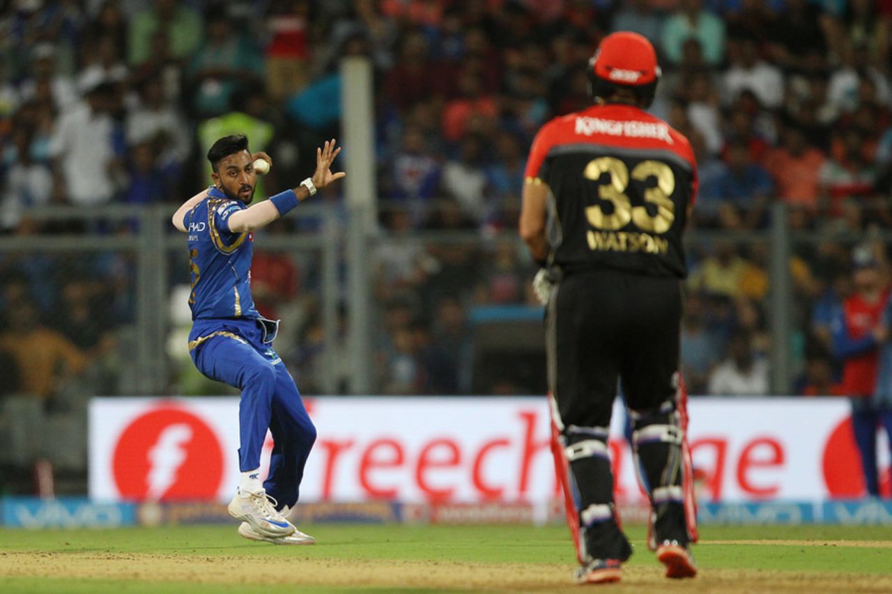 Krunal Pandya fires the ball back to the 'keeper, Mumbai Indians v Royal Challengers Bangalore, IPL 2016, Mumbai, April 20, 2016