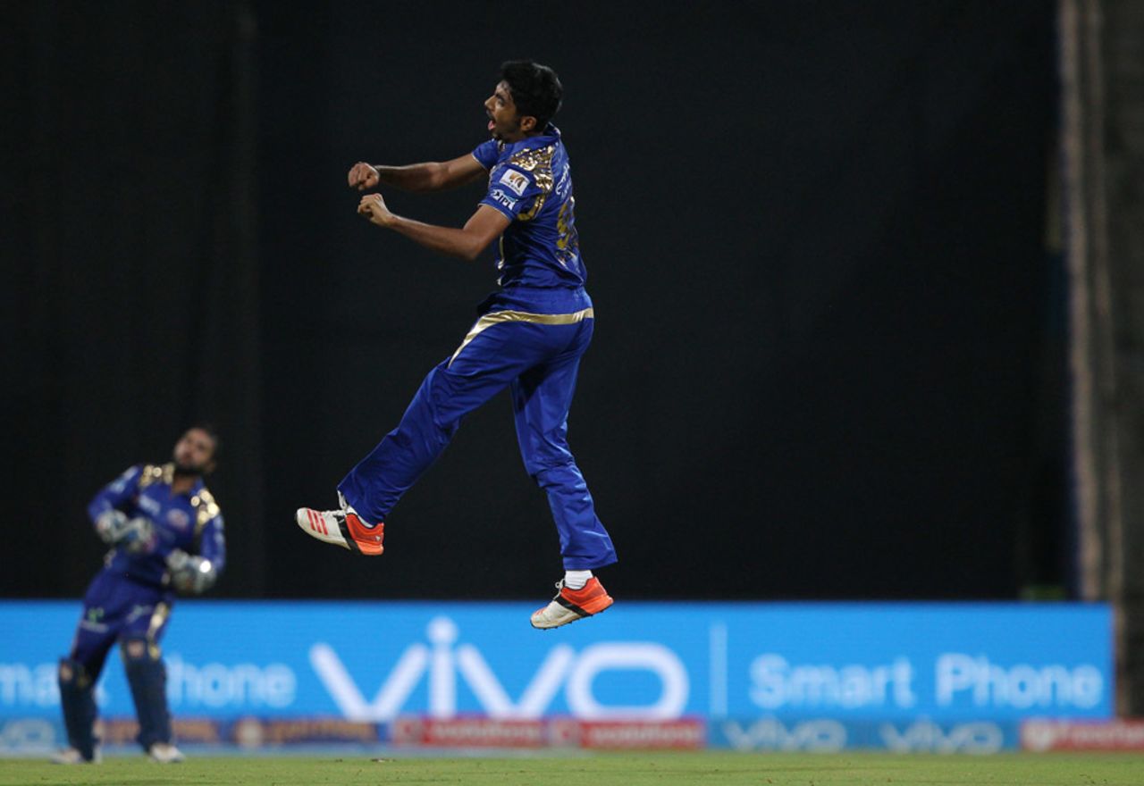 Jasprit Bumrah leaps for joy after having Shane Watson caught behind, Mumbai Indians v Royal Challengers Bangalore, IPL 2016, Mumbai, April 20, 2016