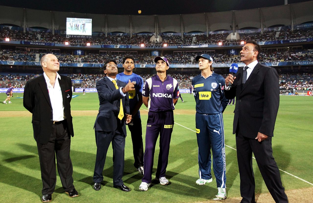 Lalit Modi tosses the coin while Sourav Ganguly, Adam Gilchrist and Ravi Shastri watch, Deccan Chargers v Kolkata Knight Riders, IPL, DY Patil Stadium, Mumbai, March 12, 2010