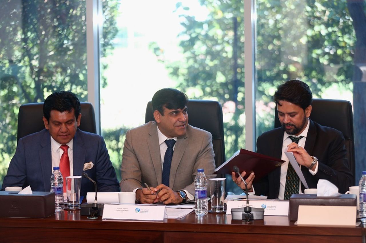 BCB CEO Nizamuddin Chowdhury, PCB COO Subhan Ahmed and BCCI secretary Anurag Thakur attend the ICC board meeting, Dubai, April 22, 2016