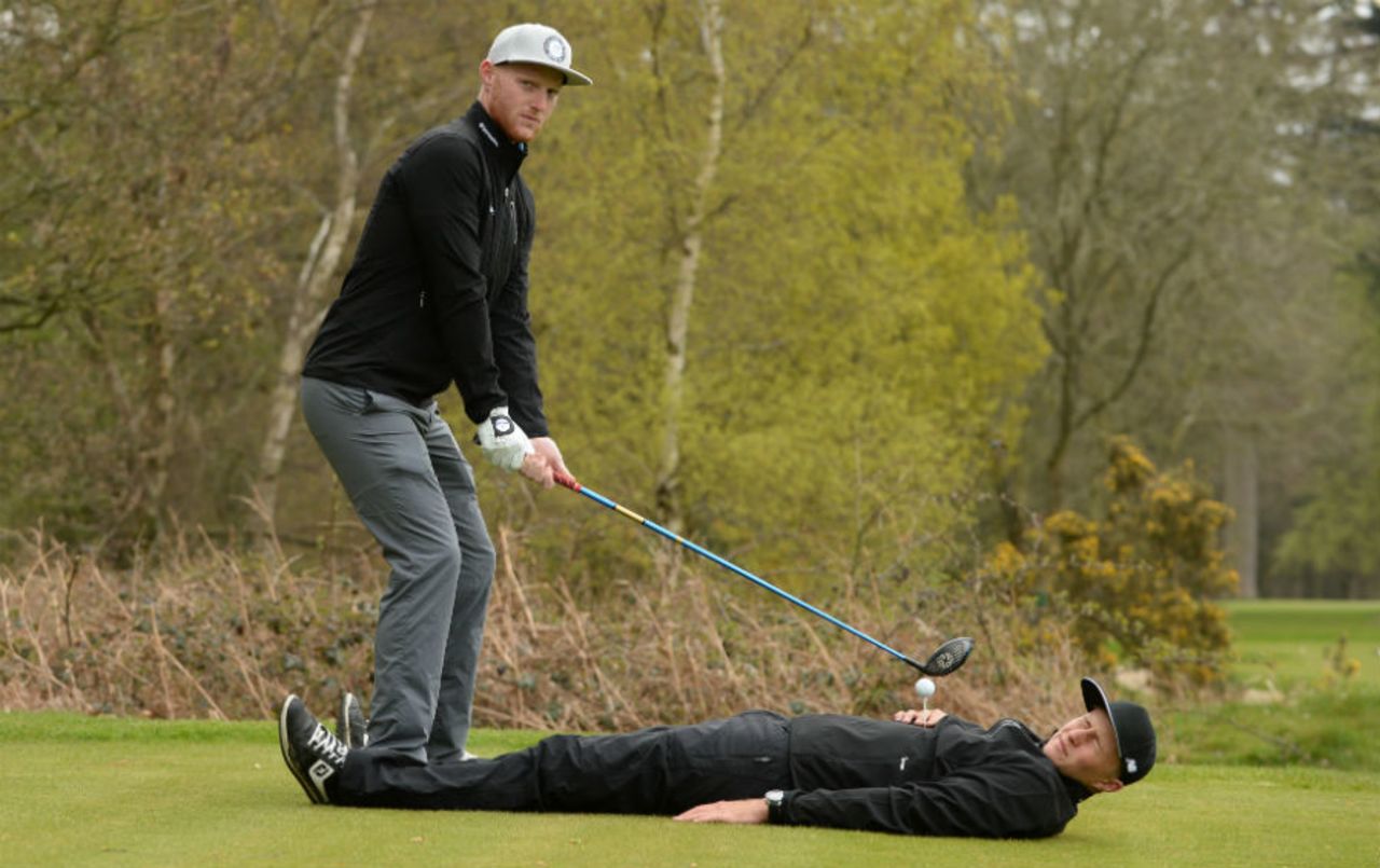 Ben Stokes prepares to tee off with Joe Root at Woburn Golf Course, Investec Media Day, April 22, 2016