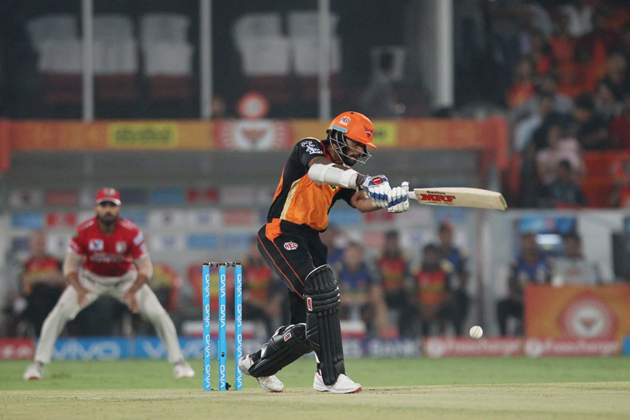 Shikhar Dhawan plays a cross-batted shot, Sunrisers Hyderabad v Kings XI Punjab, IPL 2016, Hyderabad, April 23, 2016