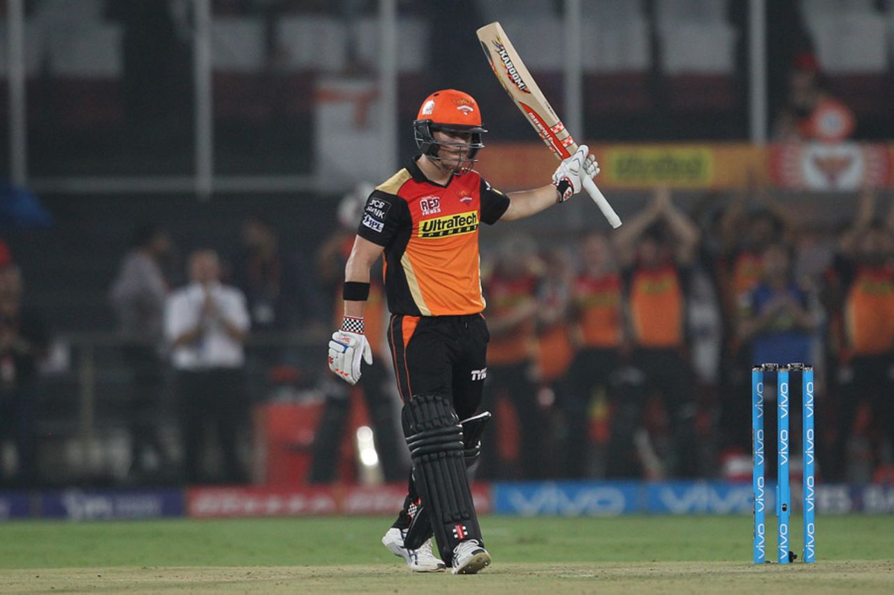 David Warner acknowledges the applause after his third consecutive fifty, Sunrisers Hyderabad v Kings XI Punjab, IPL 2016, Hyderabad, April 23, 2016