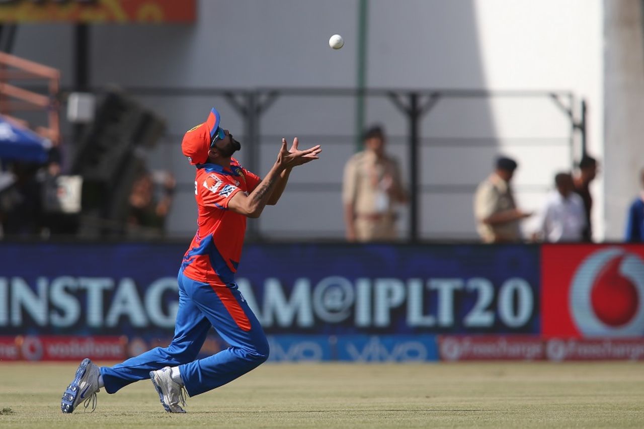 Ravindra Jadeja settles under the ball to take a catch, Gujarat Lions v Royal Challengers Bangalore, IPL 2016, Rajkot, April 24, 2016