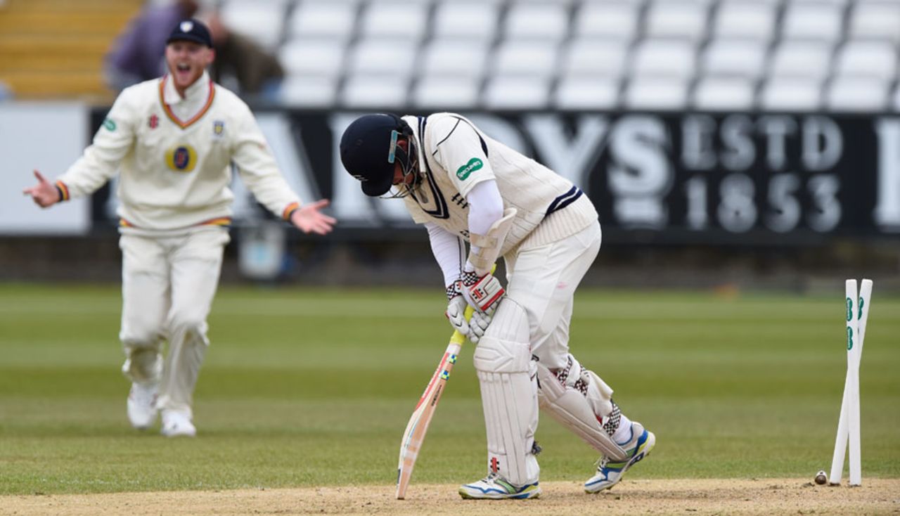Sam Robson had his stumps rattled, Durham v Middlesex, County Championship, Division One, Chester-le-Street, 1st day, April 24, 2015