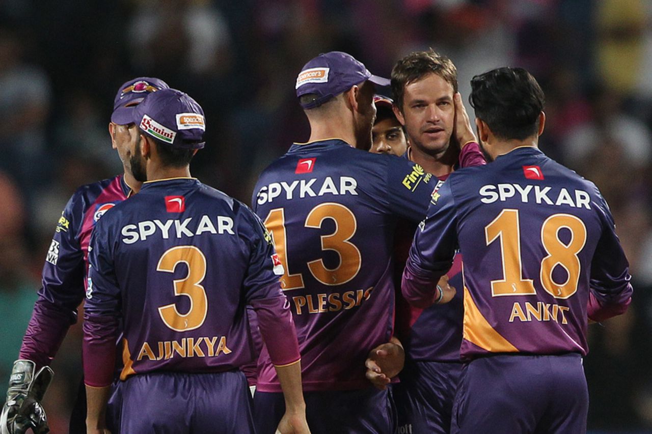 Albie Morkel is congratulated after his first-ball wicket, Rising Pune Supergiants v Kolkata Knight Riders, IPL 2016, Pune, April 24, 2016
