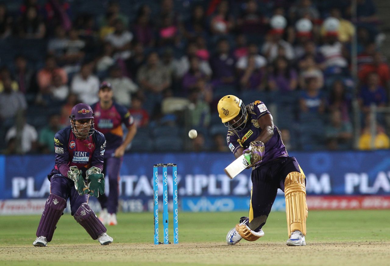 Andre Russell drills a massive six over long-off, Rising Pune Supergiants v Kolkata Knight Riders, IPL 2016, Pune, April 24, 2016