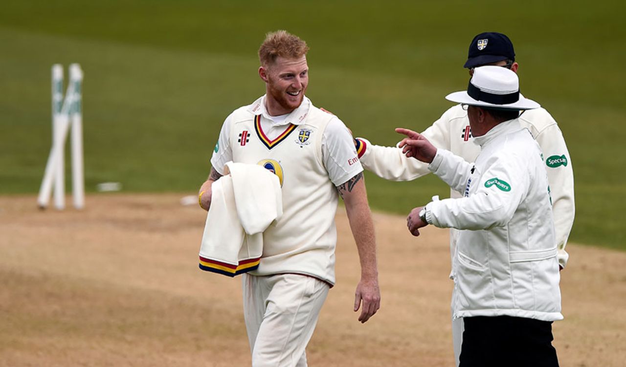 Ben Stokes chats to the umpires after bowling his England team-mate Steven Finn, Durham v Middlesex, County Championship, Division One, Chester-le-Street, 2nd day, April 25, 2015