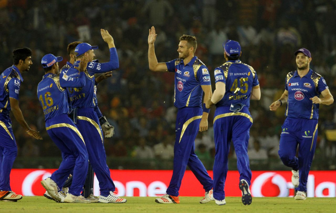 Tim Southee is congratulated after the wicket of M Vijay, Kings XI Punjab v Mumbai Indians, IPL 2016, Mohali, April 25, 2016