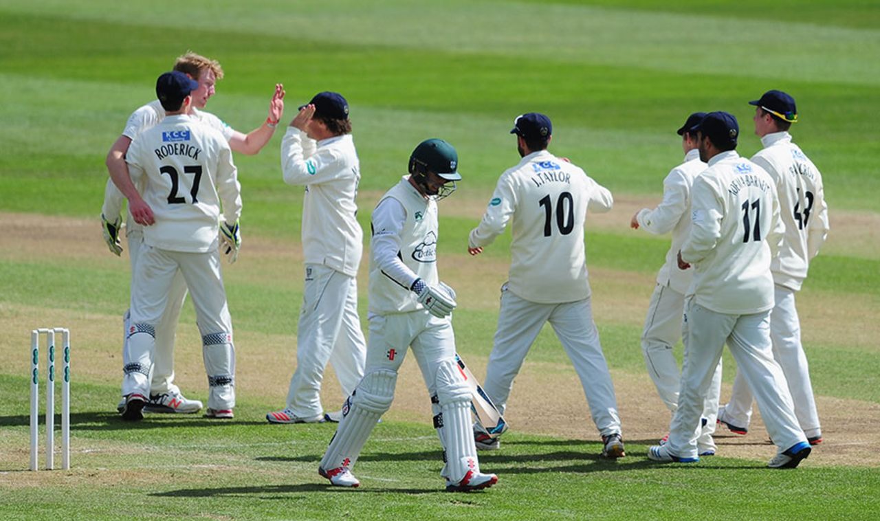 Liam Norwell celebrates the dismissal of Ed Barnard, Gloucestershire v Worcestershire, County Championship, Division Two, Bristol, 3rd day, April 26, 2015