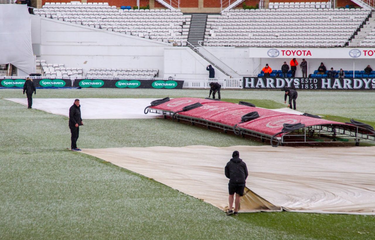 The groundstaff had to deal with the arrival of snow in April, Surrey v Somerset, County Championship, Division One, The Oval, 3rd day, April 26, 2015