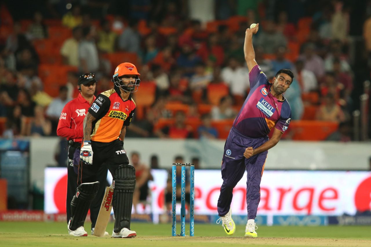 R Ashwin prepares to release a delivery, Sunrisers Hyderabad v Rising Pune Supergiants, IPL 2016, Hyderabad, April 26, 2016