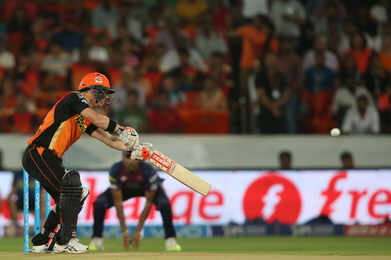 David Warner cuts straight to point for a fourth-ball duck, Sunrisers Hyderabad v Rising Pune Supergiants, IPL 2016, Hyderabad, April 26, 2016