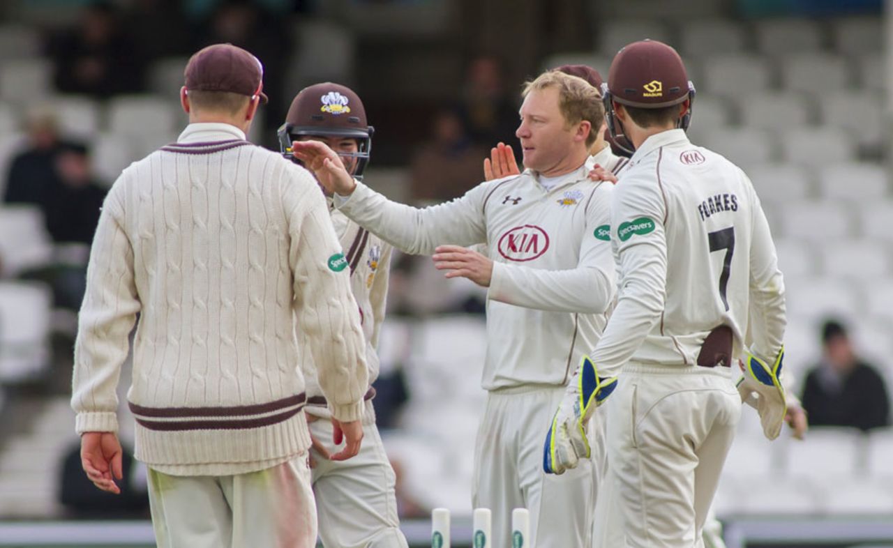 Gareth Batty chipped away for 3 for 51, Surrey v Somerset, County Championship, Division One, The Oval, 3rd day, April 26, 2015