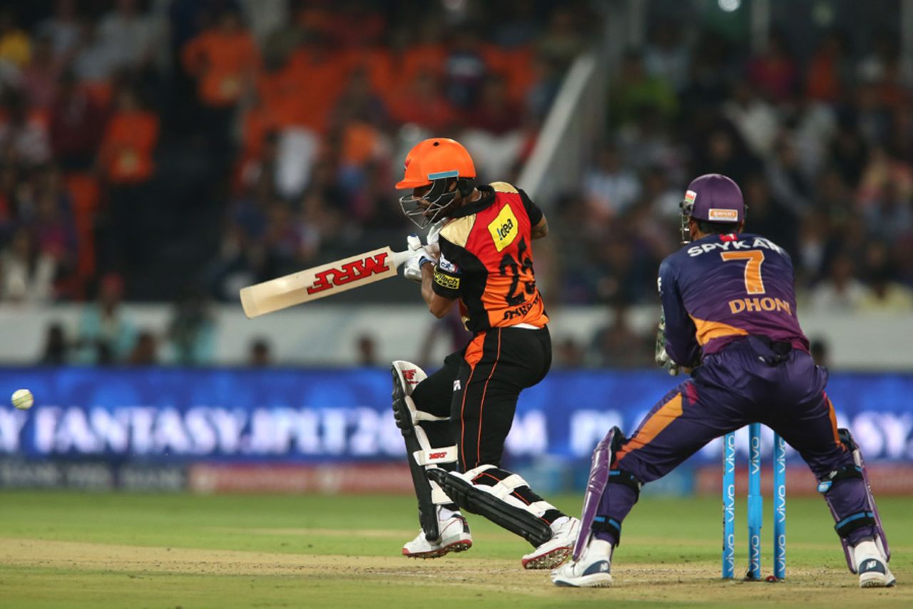 Shikhar Dhawan plays a short-arm cut, Sunrisers Hyderabad v Rising Pune Supergiants, IPL 2016, Hyderabad, April 26, 2016