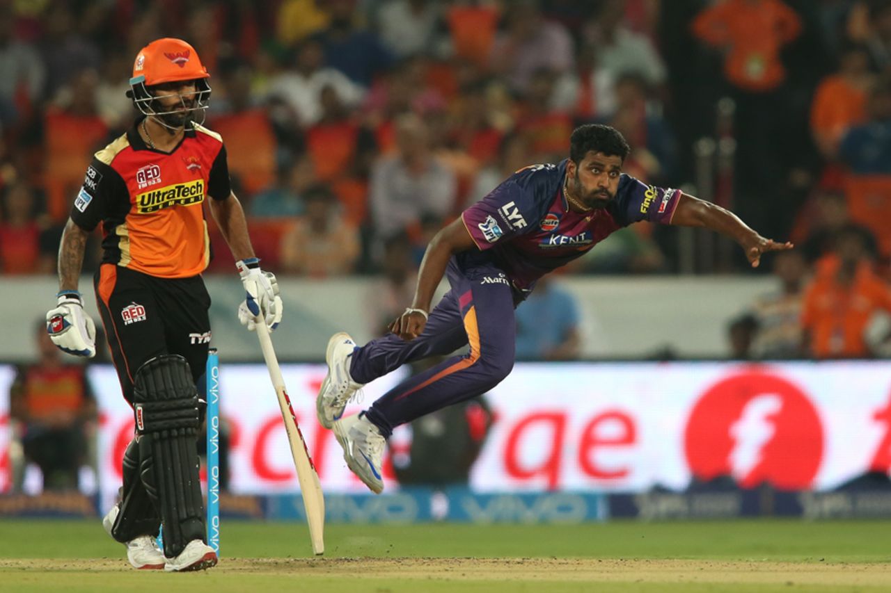 Thisara Perera follows through after a delivery, Sunrisers Hyderabad v Rising Pune Supergiants, IPL 2016, Hyderabad, April 26, 2016