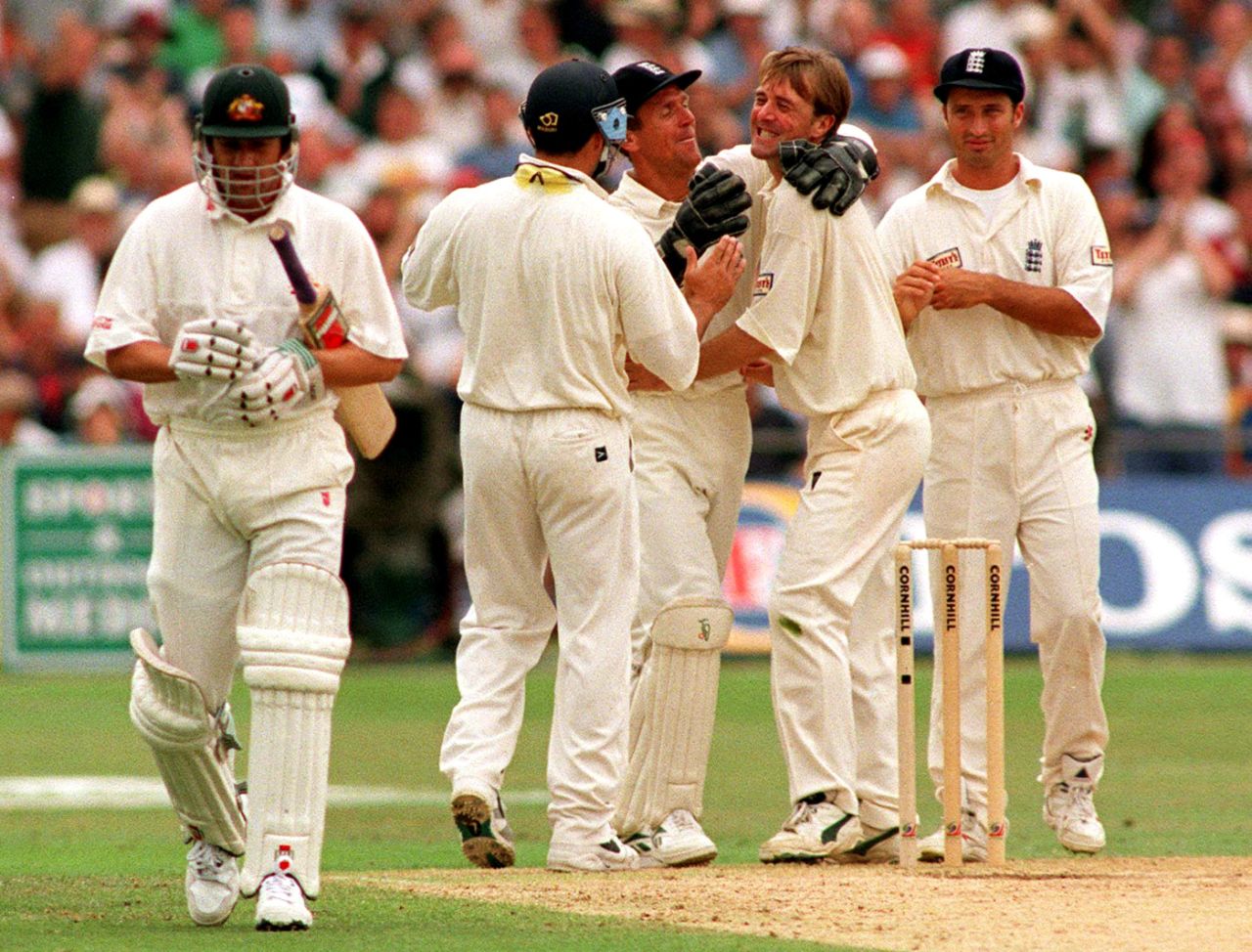 Shaun Young walks back after being caught behind for a duck off Phil Tufnell on debut , England v Australia, 6th Test, The Oval, 2nd day, August 22, 1997