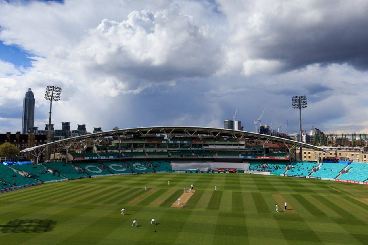 Clouds gather above the OCS Stand, Surrey v Somerset, Specsavers County Championship, Division One, The Oval, 3rd day, April 26, 2016