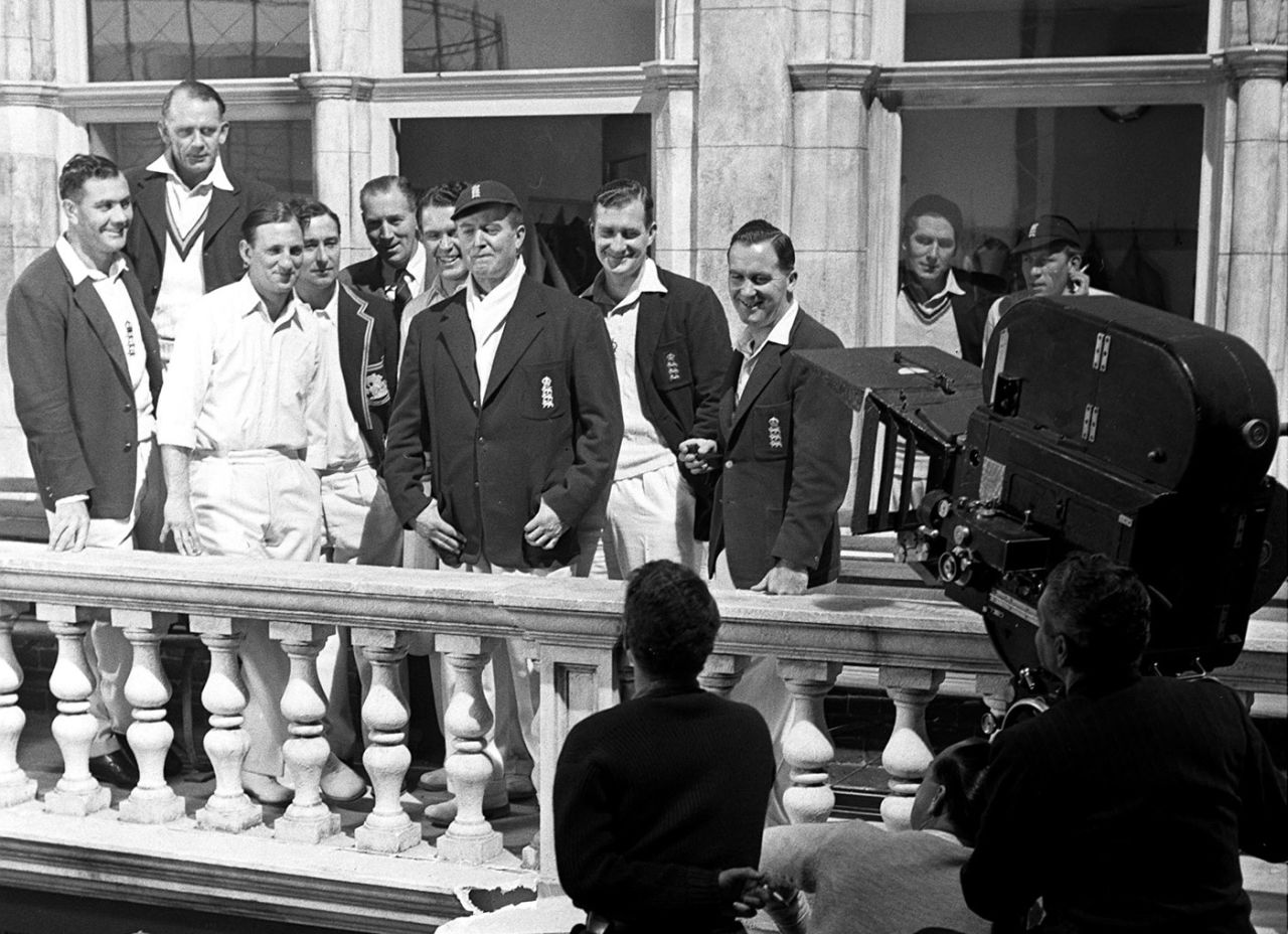Alec Bedser, Cyril Washbrook, Len Hutton, Denis  Compton, Jim Laker and Godfrey Evans  feature in the movie <i>The Final Test</i>. Coach Alf Gover stands behind Compton. The star of the movie, Jack Warner, is in the centre, 1952