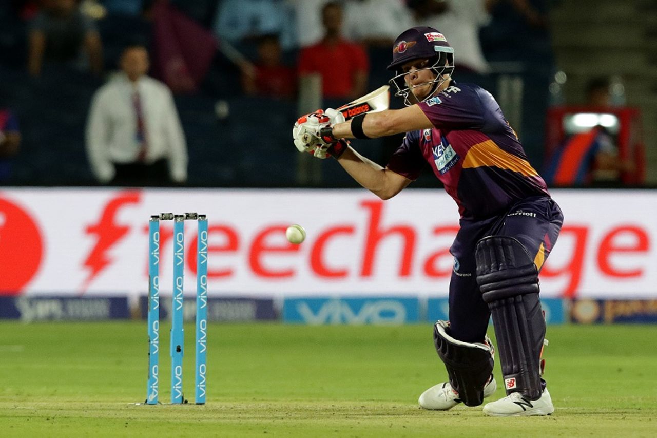 Steven Smith makes room for himself as he prepares to slap one through the off side, Rising Pune Supergiants v Gujarat Lions, IPL 2016, Pune, April 29, 2016
