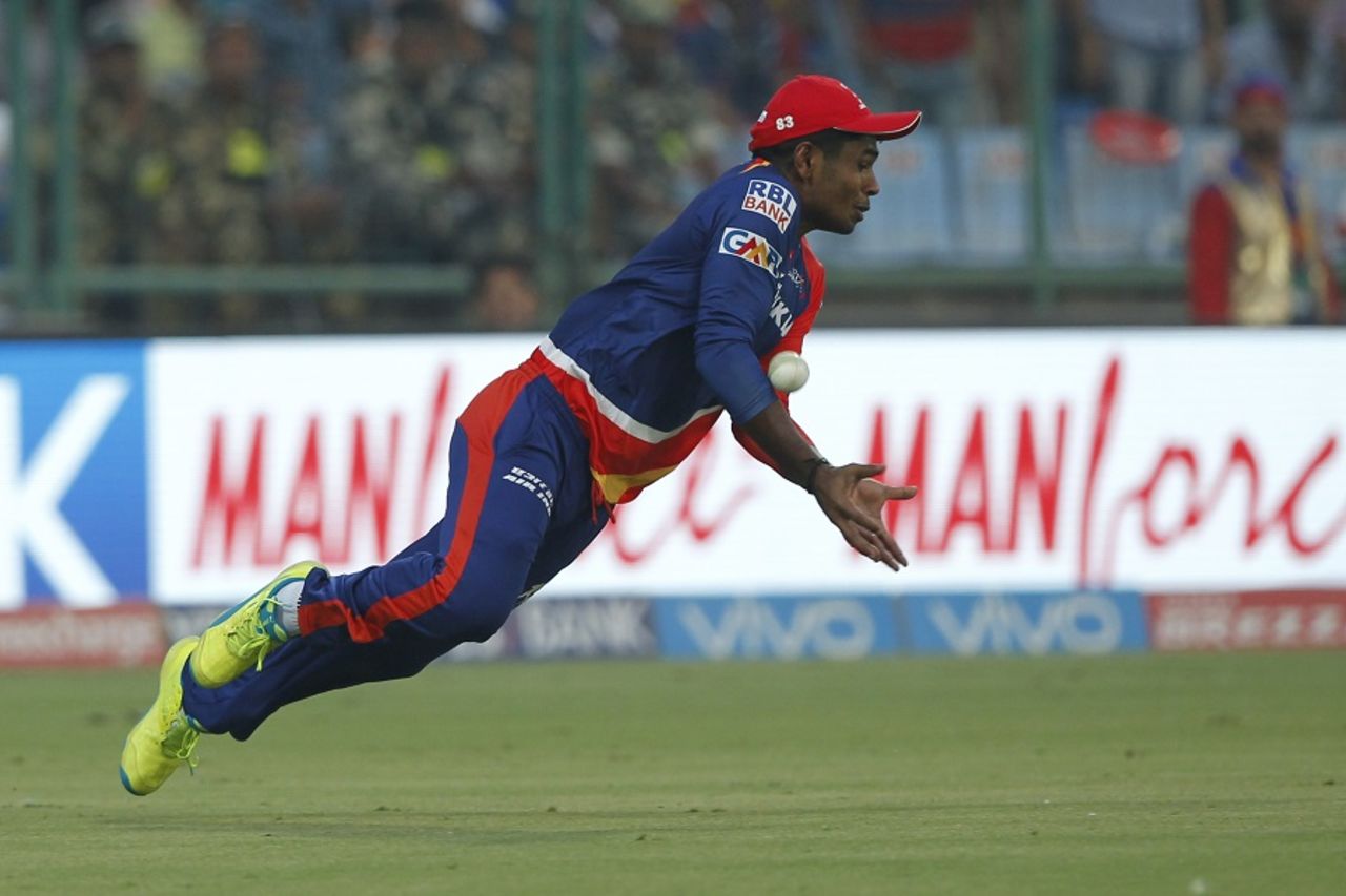 Sanju Samson dives forward as he tries to field the ball, Delhi Daredevils v Kolkata Knight Riders, IPL 2016, Delhi, April 30, 2016