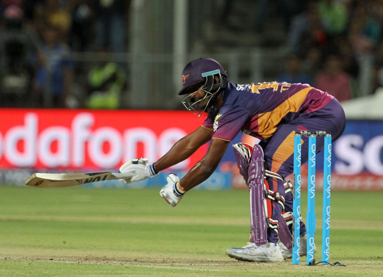 Thisara Perera reaches for a wide delivery, Rising Pune Supergiants v Mumbai Indians, IPL 2016, Pune, May 1, 2016