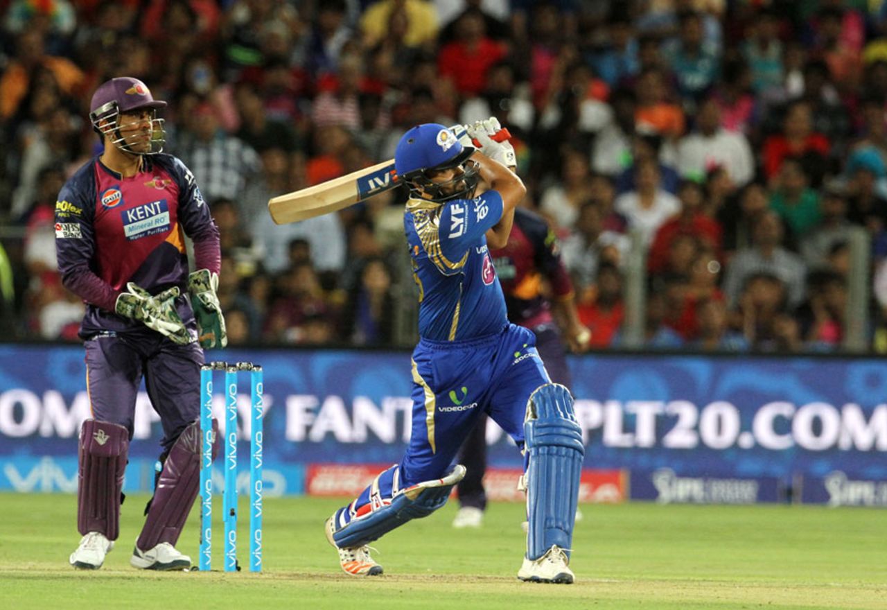 MS Dhoni looks on as a six from Rohit Sharma sails into the stands, Rising Pune Supergiants v Mumbai Indians, IPL 2016, Pune, May 1, 2016
