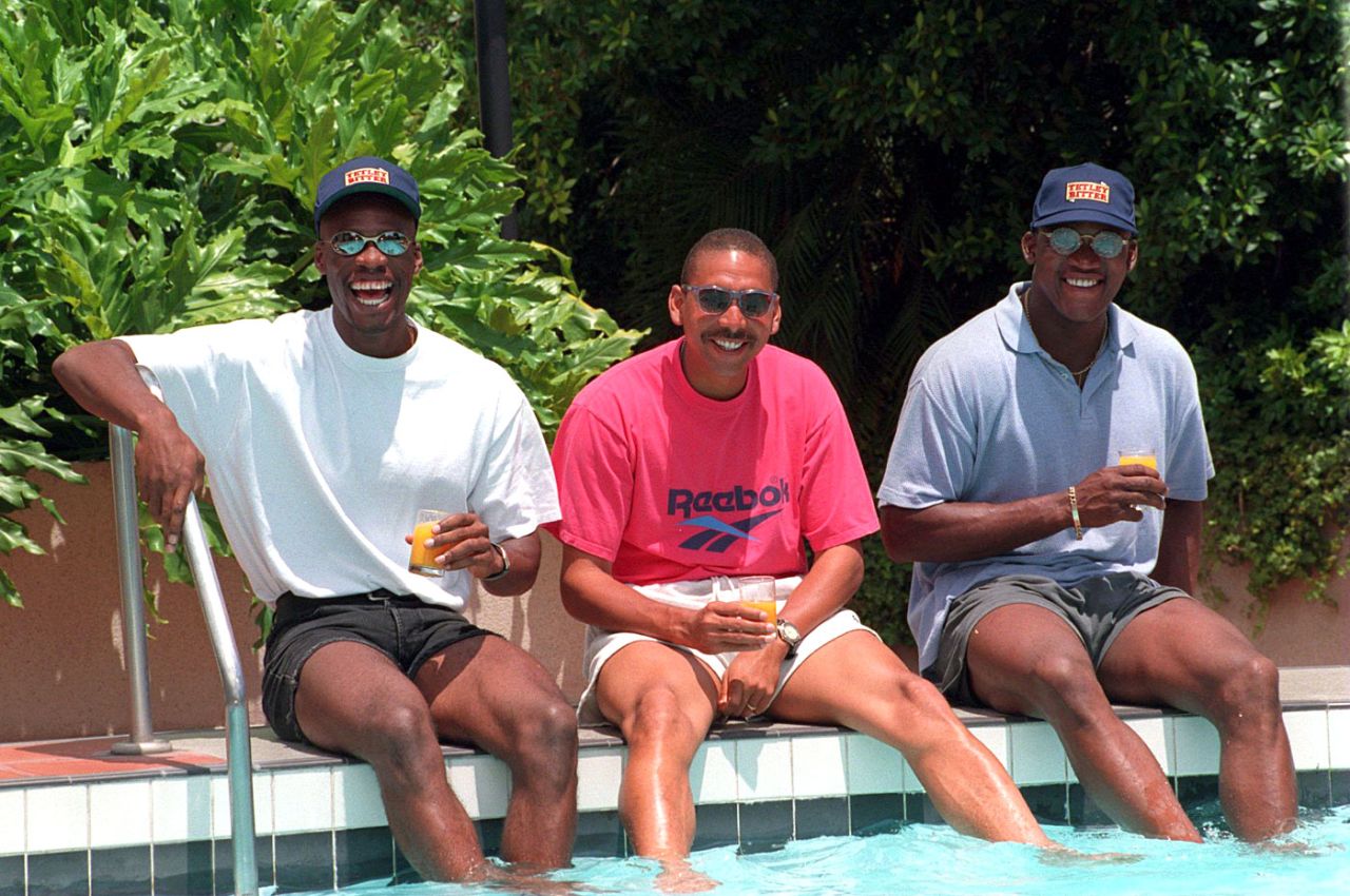 Chris Lewis, Phil DeFreitas and Devon Malcolm relax at the pool, Adelaide, January 31, 1995