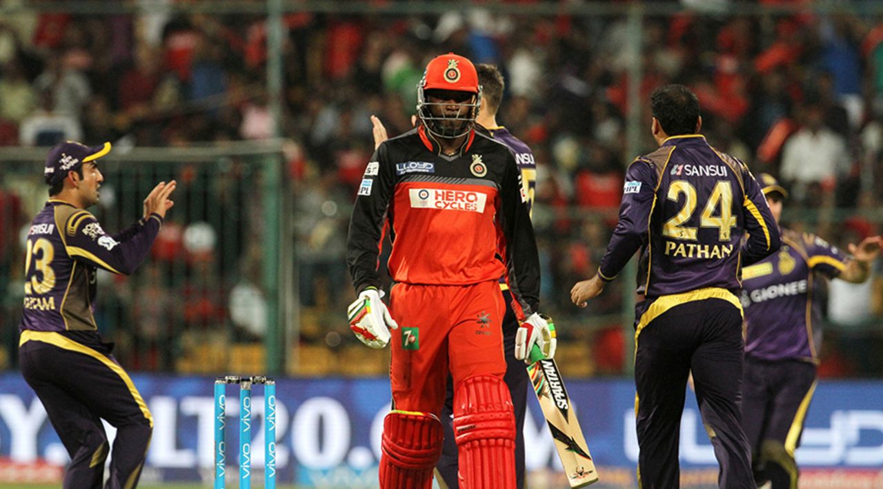 Chris Gayle walks back after being dismissed for 7 on his return to the side, Royal Challengers Bangalore v Kolkata Knight Riders, IPL 2016, Bangalore, May 2, 2016