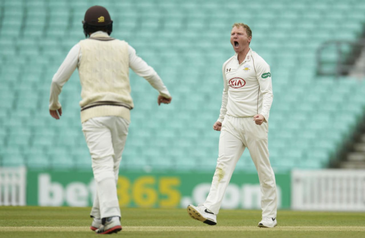 Gareth Batty celebrates the wicket of Mark Stoneman for 57, Surrey v Durham, County Championship, Division One, The Oval, 2nd day, May 2, 2016