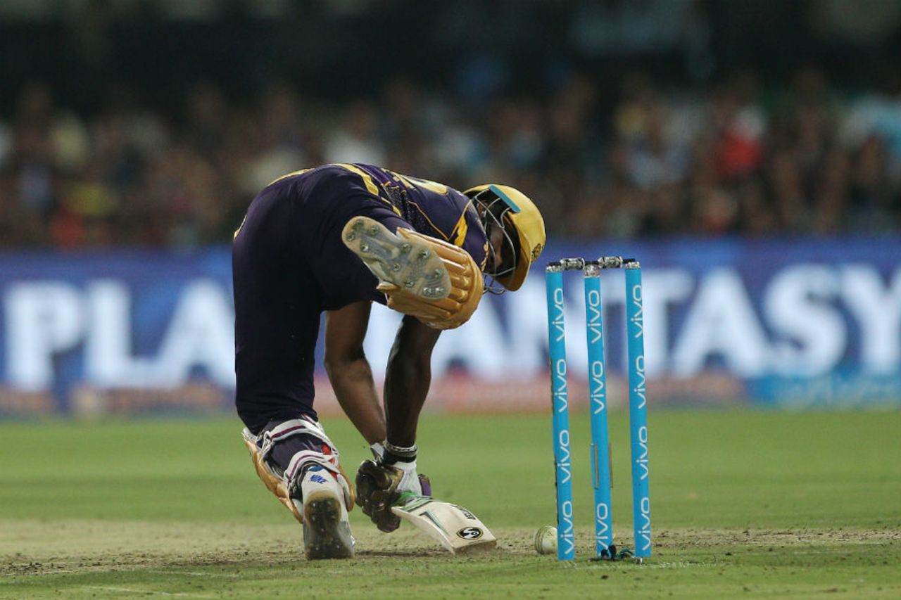 Andre Russell is off balance as he tries to keeps a yorker out, Royal Challengers Bangalore v Kolkata Knight Riders, IPL 2016, Bangalore, May 2, 2016
