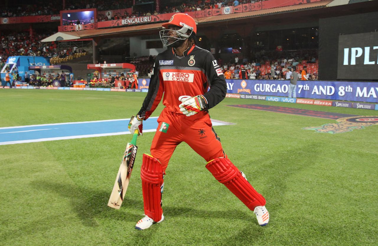 Chris Gayle walks out to bat after missing four games, Royal Challengers Bangalore v Kolkata Knight Riders, IPL 2016, Bangalore, May 2, 2016