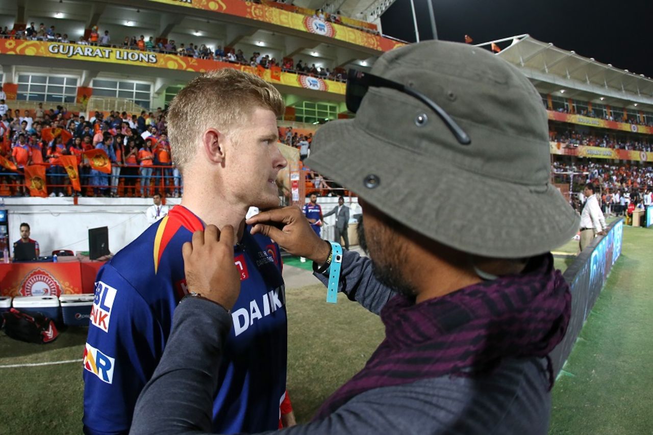 Sam Billings is wired up with a microphone, Gujarat Lions v Delhi Daredevils, IPL 2016, Rajkot, May 3, 2016