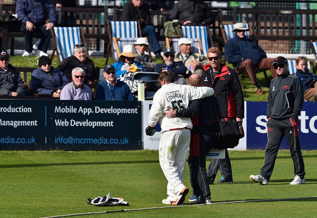 Mark Cosgrove is helped off the field, Sussex v Leicestershire, County Championship, Division Two, Hove, 3rd day, May 3, 2016