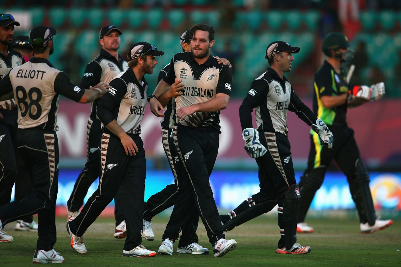 Mitchell McClenaghan is congratulated for taking the wicket of Mitchell Marsh, Australia v New Zealand, World T20 2016, Group 2, Dharamsala, March 18, 2016