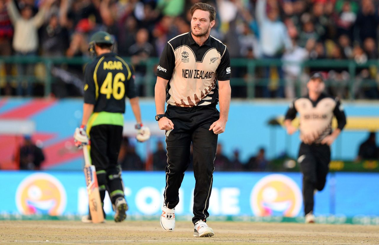 Mitchell McClenaghan celebrates the wicket of Mitchell Marsh, Australia v New Zealand, World T20 2016, Group 2, Dharamsala, March 18, 2016
