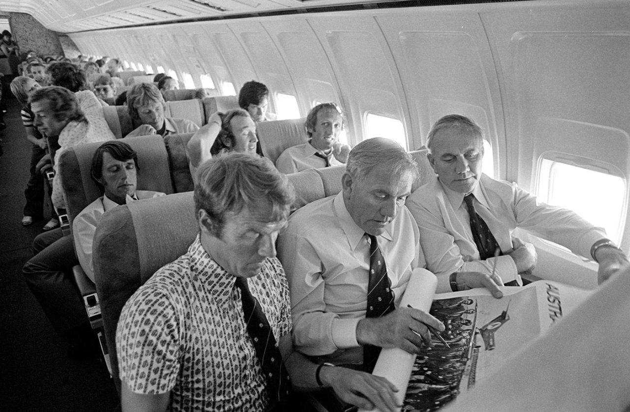 Tour administrators Alan Smith, Alec Bedser and Eric Bedser (from left) on a plane from Perth to Adelaide, Australia v England, December 18, 1974