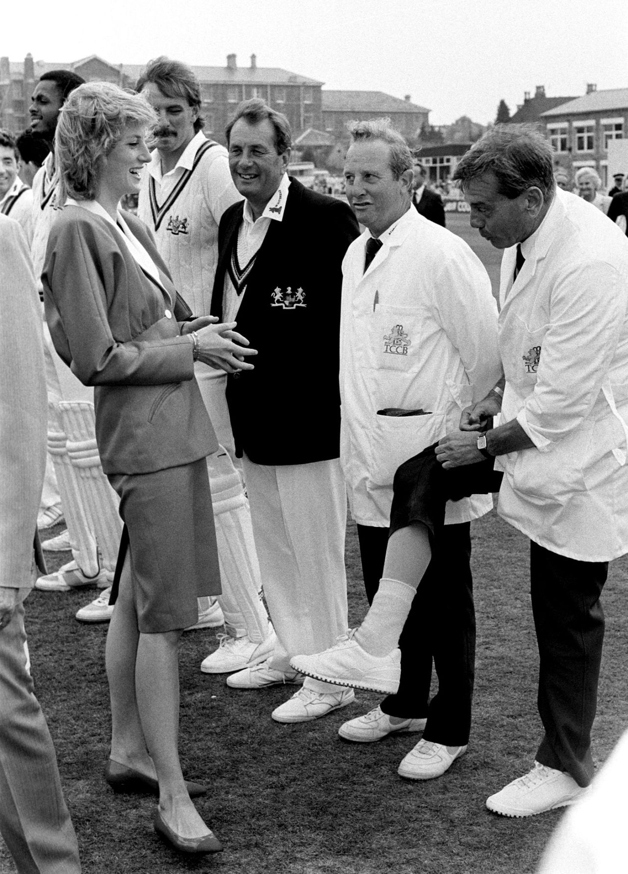 Umpire Dickie Bird shows off his socks and thermals to Princess Diana, Gloucestershire v Somerset, County Championship, 1st day, Bristol, September 8, 1989